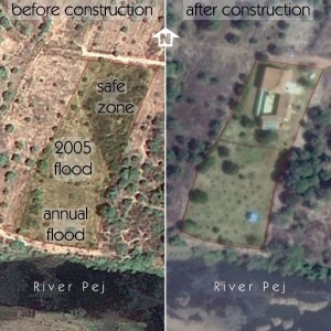 Satellite images of the site showing how the flood zone determined the final house location.